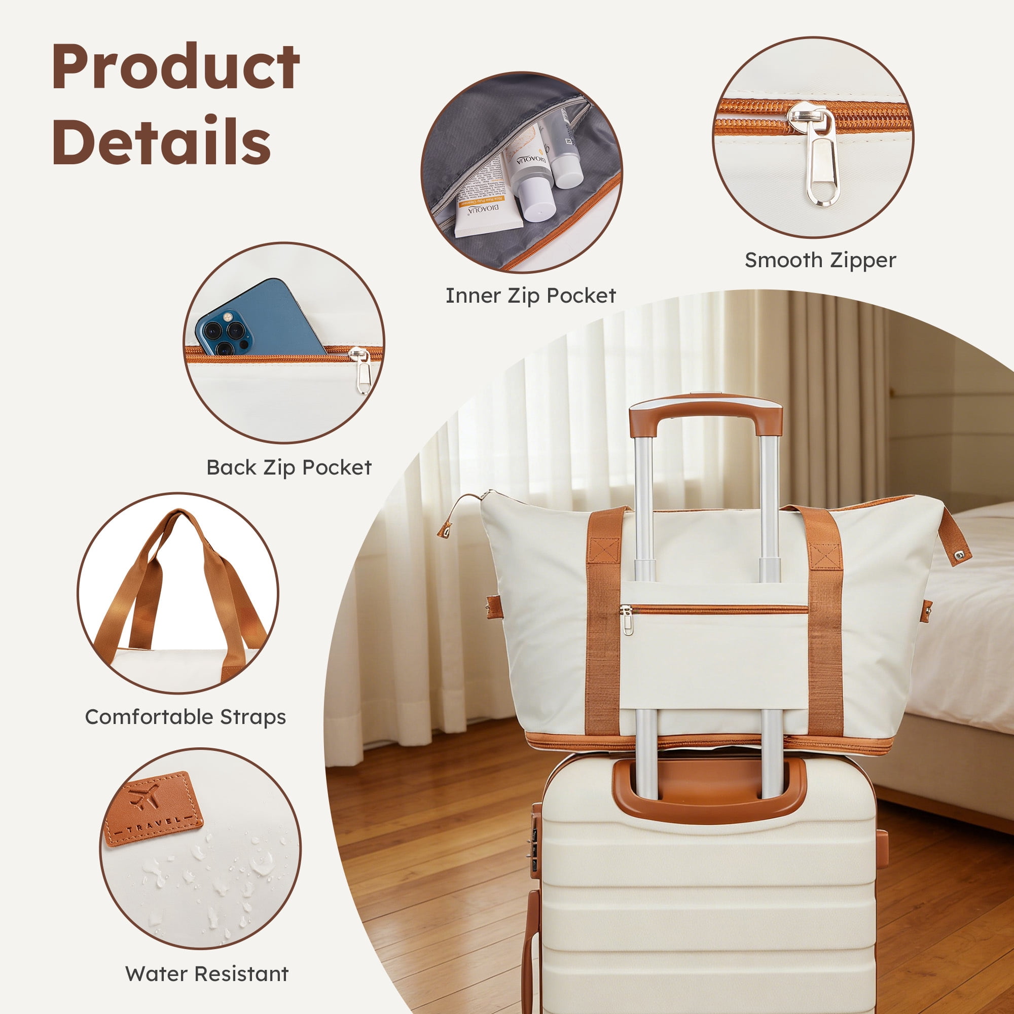 5 Pcs Travel Luggage Sets, 20 24 28 inch Carry-on and Checked Suitcase with Expandable Duffle Bags, White Tan