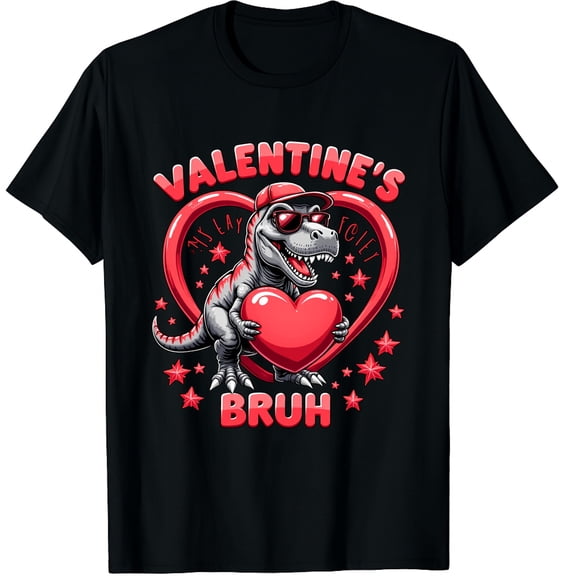Happy Valentine's Bruh Funny Dinosaur Valentine Graphic Crew Neck Short Sleeve T-Shirts (Men's, Women's)