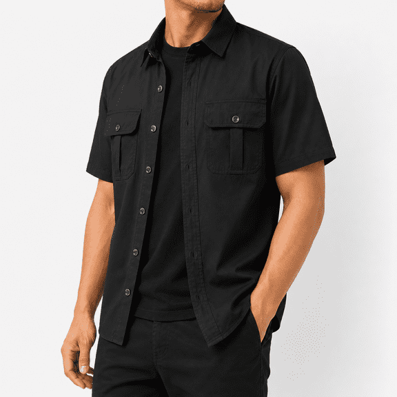 Dpjklzsn Men's Utility Button-Up Shirt, Short Sleeve Collared Workwear Shirt with Flap Chest Pockets