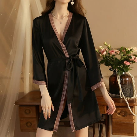 

Quealent Lingerie For Women Open Crotch Women Lingerie V Neck Nightwear Satin Sleepwear Lace Chemise Mini Teddy Black S