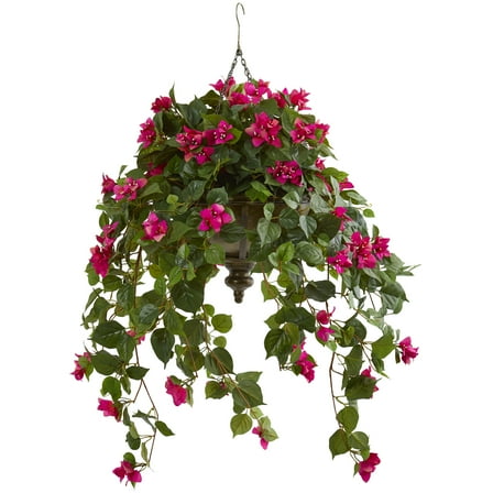 Nearly Natural 37" Bougainvillea Artificial Plant in Hanging Metal Bowl , Pink
