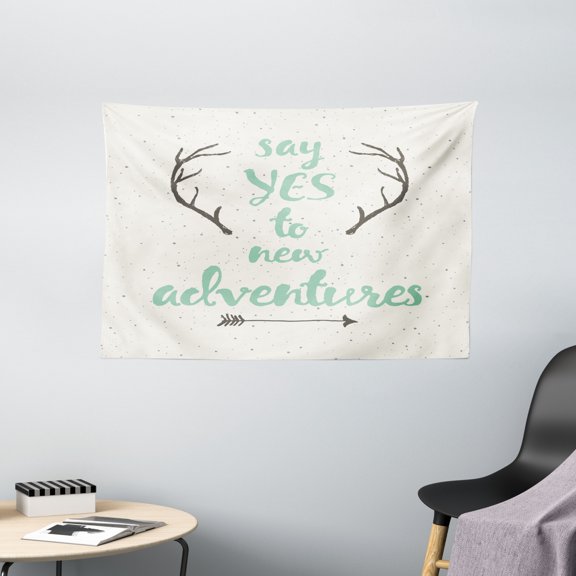 Adventure Tapestry, Calligraphic Quote with Antlers and Arrow on Grunge Dotted Backdrop, Wall Hanging for Bedroom Living Room Dorm Decor, 60W X 40L Inches, Mint Green Brown Cream, by Ambesonne