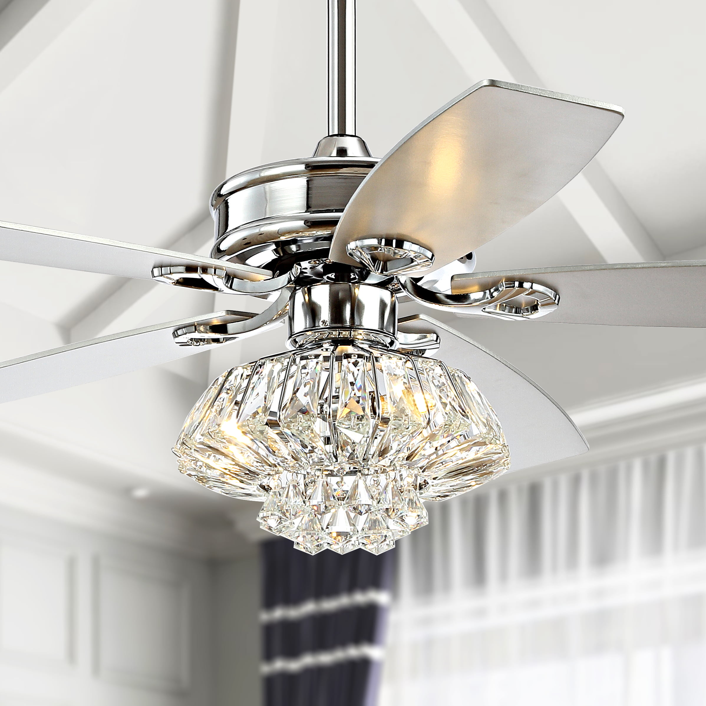 Chrome 48" Ceiling Fan With LED Lights Modern Crystal Chandelier Fan 4 Blades 