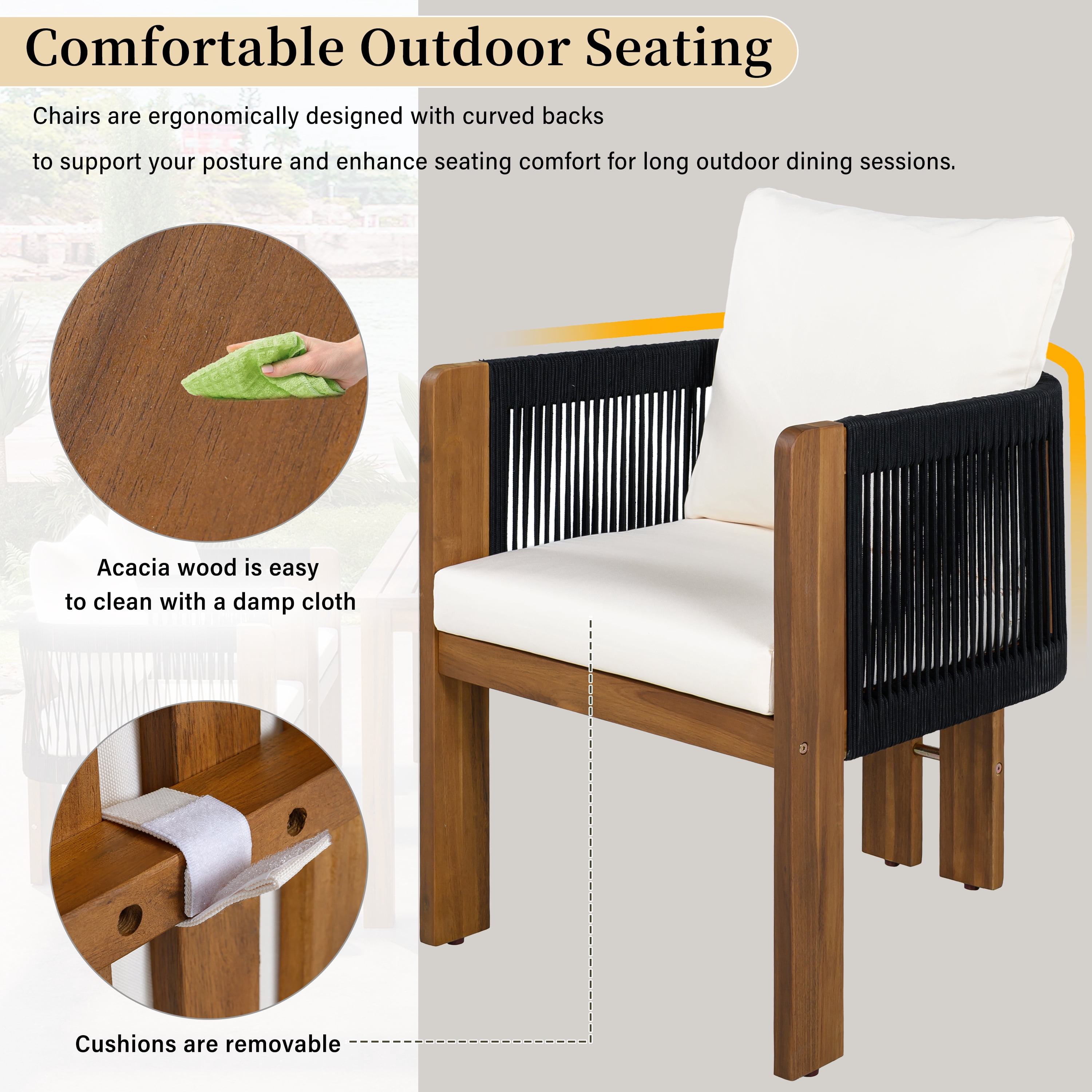 Mintazer 63" 5-Piece Outdoor Dining Set with Rope Woven High Back Chairs & Cushions, Farmhouse Dining Furniture Set for Garden Backyard Poolside, Brown & Black