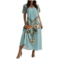 thumbnail image 2 of Women Dresses Ndbuld Women's Loose Short Sleeved Round Neck Fashion Bohemian Flared Split Floor-Length Maxi Dress Light Blue XL, 2 of 7
