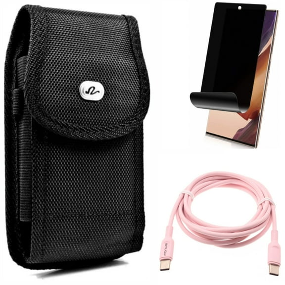Pink 6ft Long Cable & Case Belt Clip & Privacy Screen Protector for Samsung Galaxy Note 20 Ultra (6.9") - Combo with USB-C to Type-C PD Fast Charger & Rugged Holster & TPU Film Anti-Peep