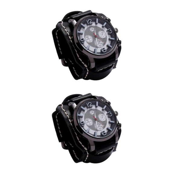 Inteprter Punk Retro Watch Bracelet Leather Fashion Leather Vintage Strap Wide 2piezas Negro