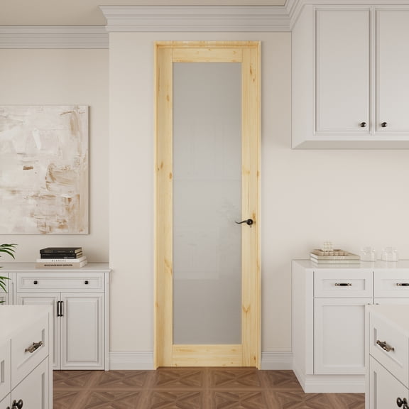 36" x 80" Interior Pine Soild Wood 1-Lite Frosted Glass Door Slab With Jamb/Door Seal Strip