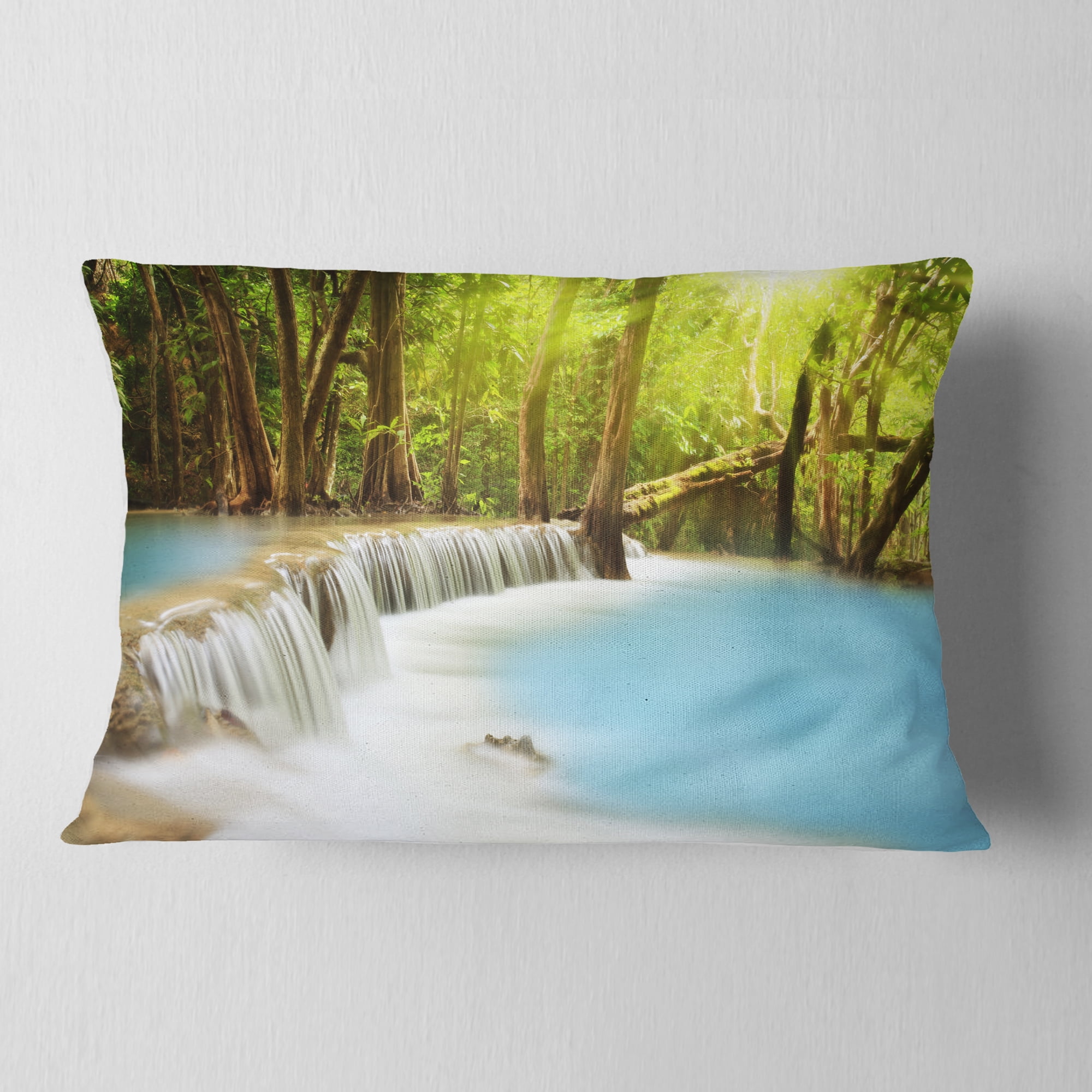 Designart Waterfall of Huai Mae Kamin - Landscape Printed Throw Pillow - 12x20