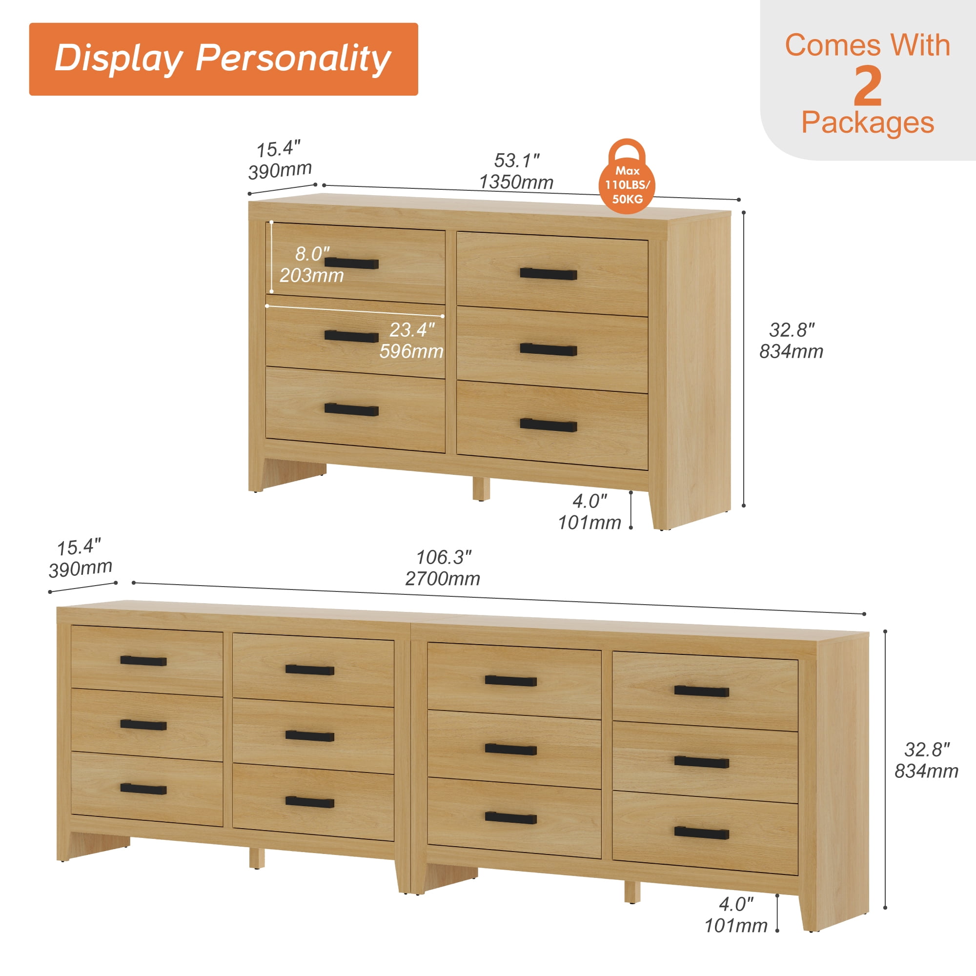 WAMPAT TV Stand for TVs up to 110 Inch, Farmhouse Wood Entertainment Center with 12 Drawers, Storage Media Console Cabinet for Living Room