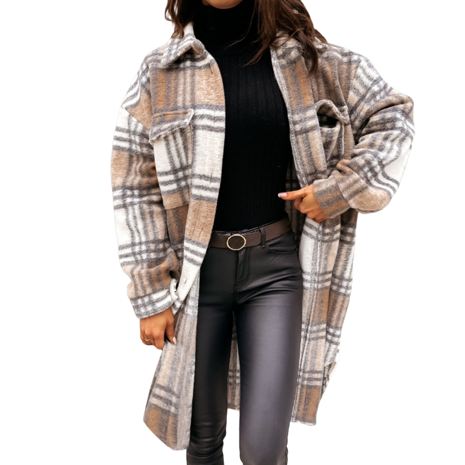 Autumn Women Casual Plaid Coat Button 