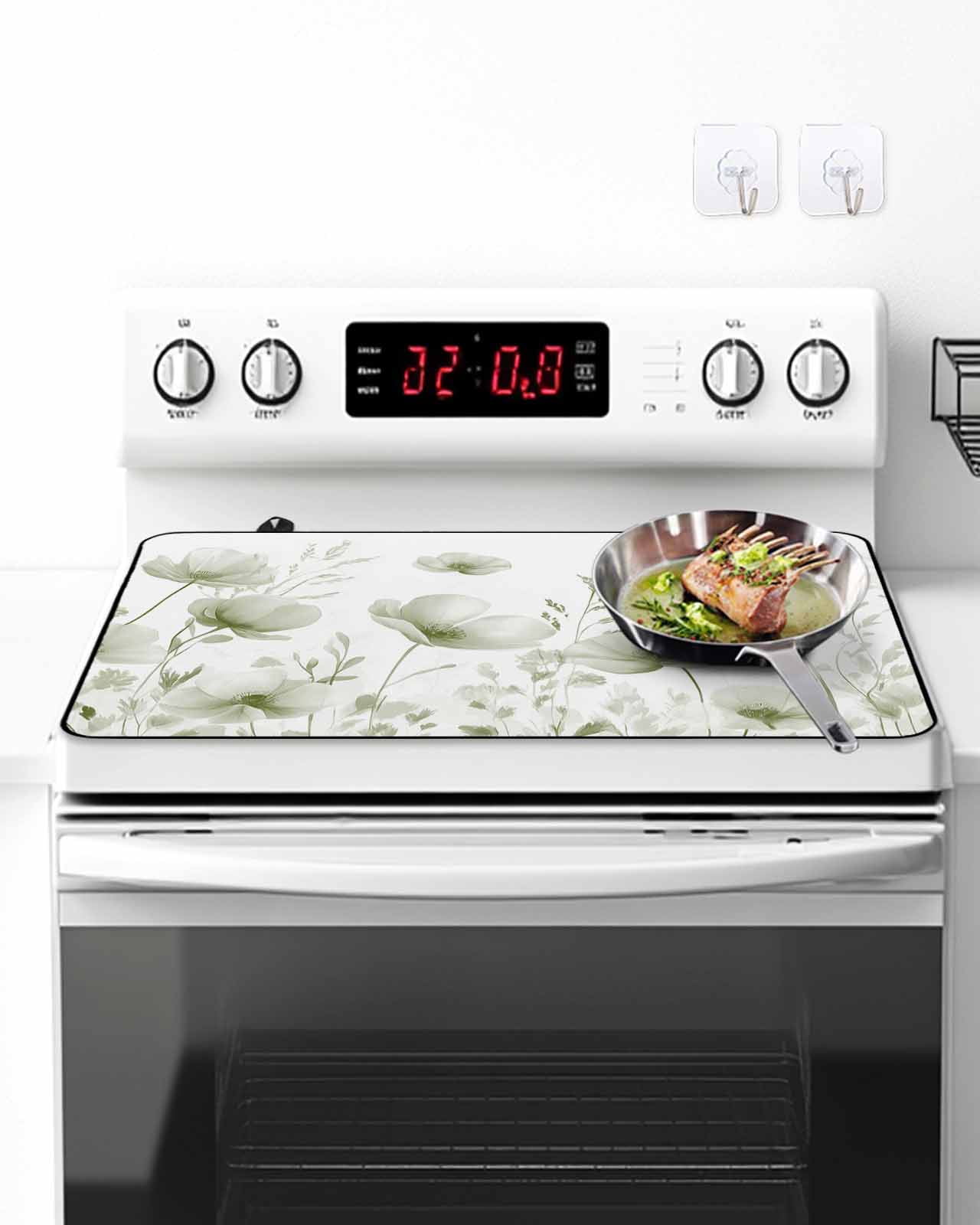 Stove Top Covers for Electric Stove, Sage Green Spring Floral Glass Stovetop Cover Protector, Summer Botanical Watercolor Vintage Induction Cooktop Protector Oven Mat for Kitchen Countertop 31"x24"