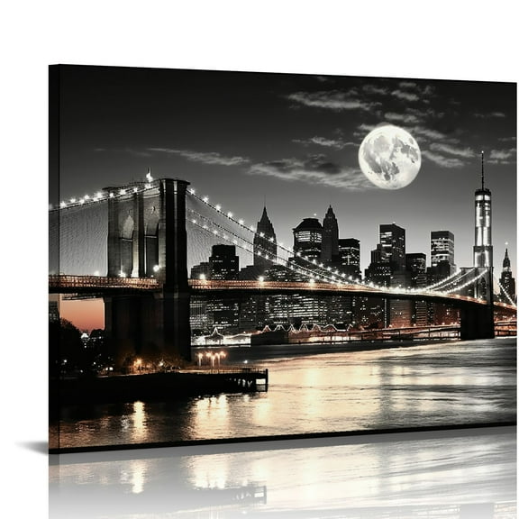 JRXY Brooklyn Bridge Night View 1 Panels Landscape Artwork Canvas Prints Moon Night New York City Scene Picture Paintings Black and white Wall Art for Home Decorations Wall Decor 20x16in