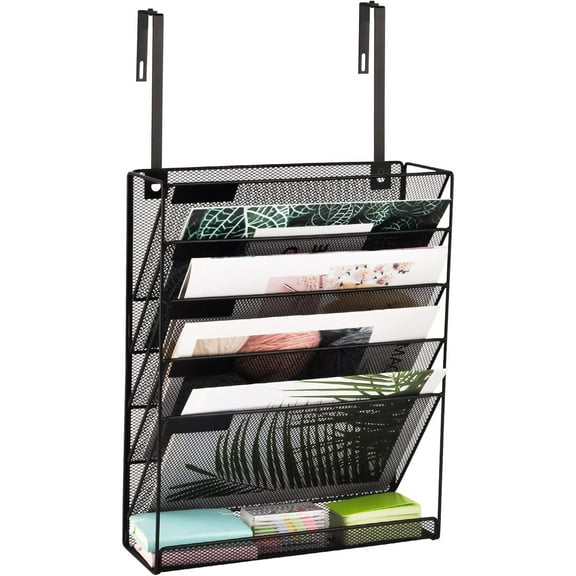 Desk File Organizer Mesh 6-Tier with Hangers, Hanging Wall Mount Document Organization Stand, Desktop Vertical Mail Paper Folder Holder with Bottom Tray for Office Home Cubicle, Black