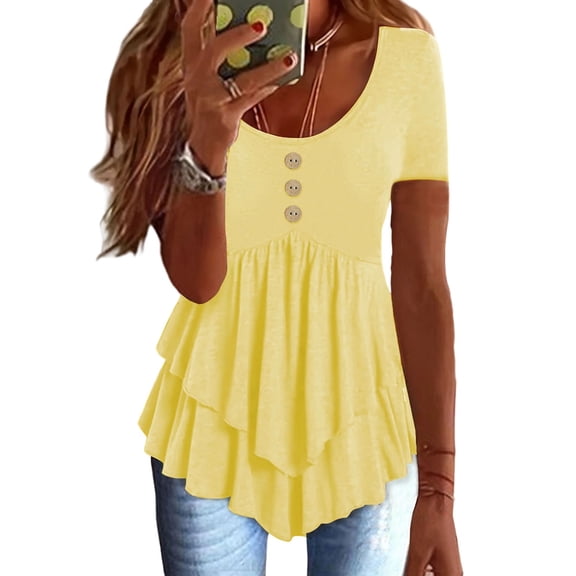 Womens Tops, Womens Short Sleeve Tiered Ruffle Tops Casual Flowy Loose Fit Solid Color Summer Peasant T Shirt