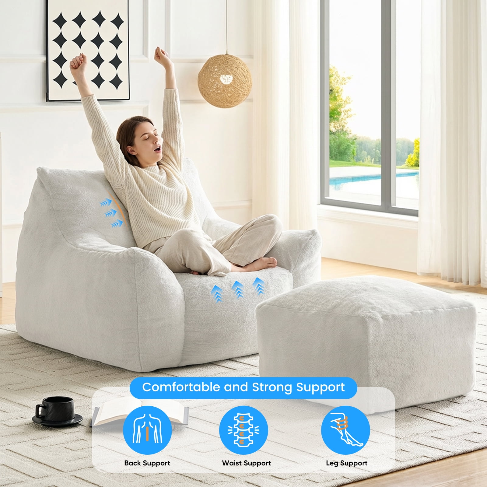BALUS 42" Faux Fur Bean Bag Chair with 22" Ottoman and Armrests, Giant Bean Bag Chair for Adults, Comfy Chair with Armrests for Bedroom, White