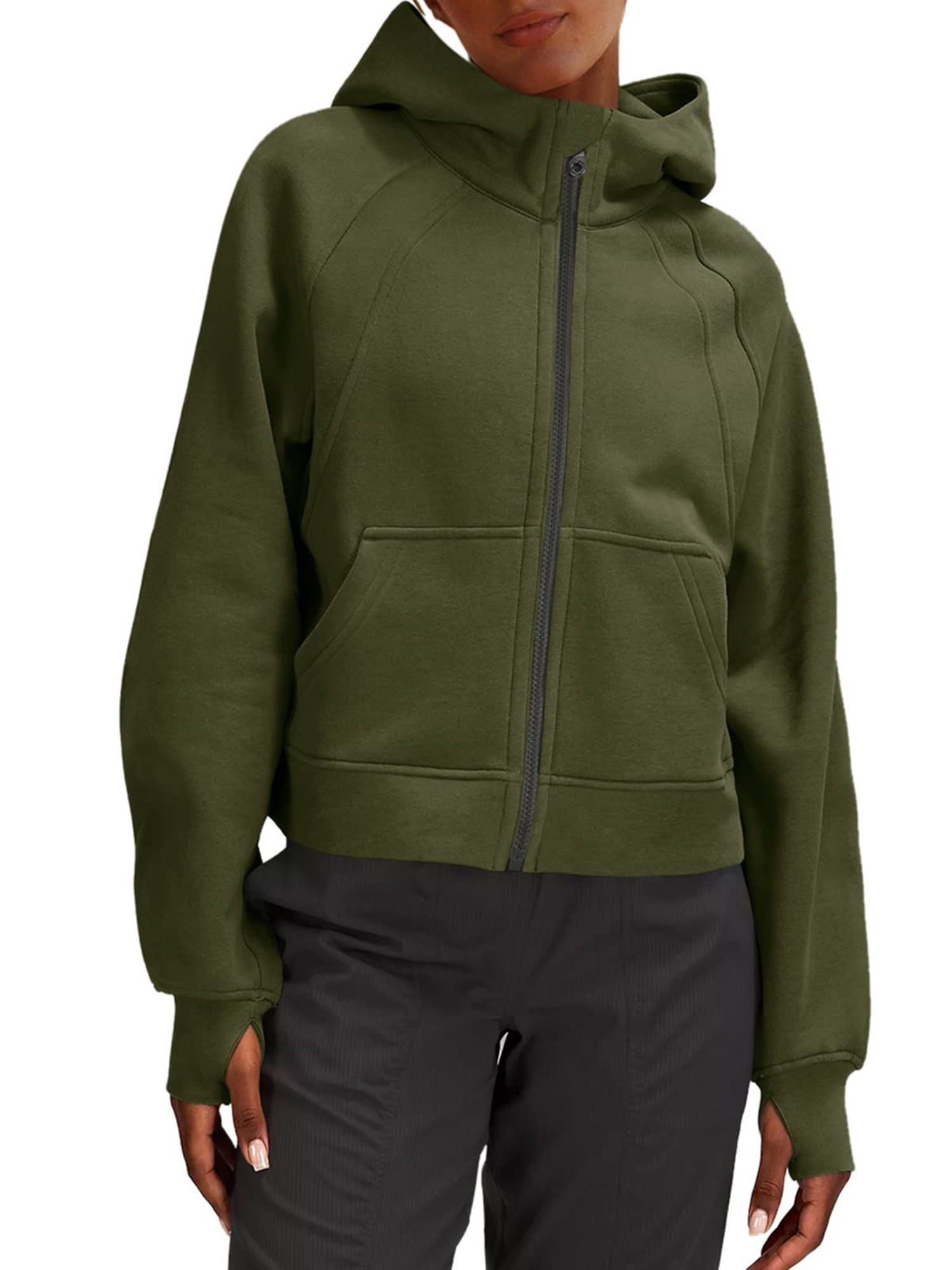 Women Casual Full Zipper Fleece Lined Hoodies Solid Loose Long Sleeve