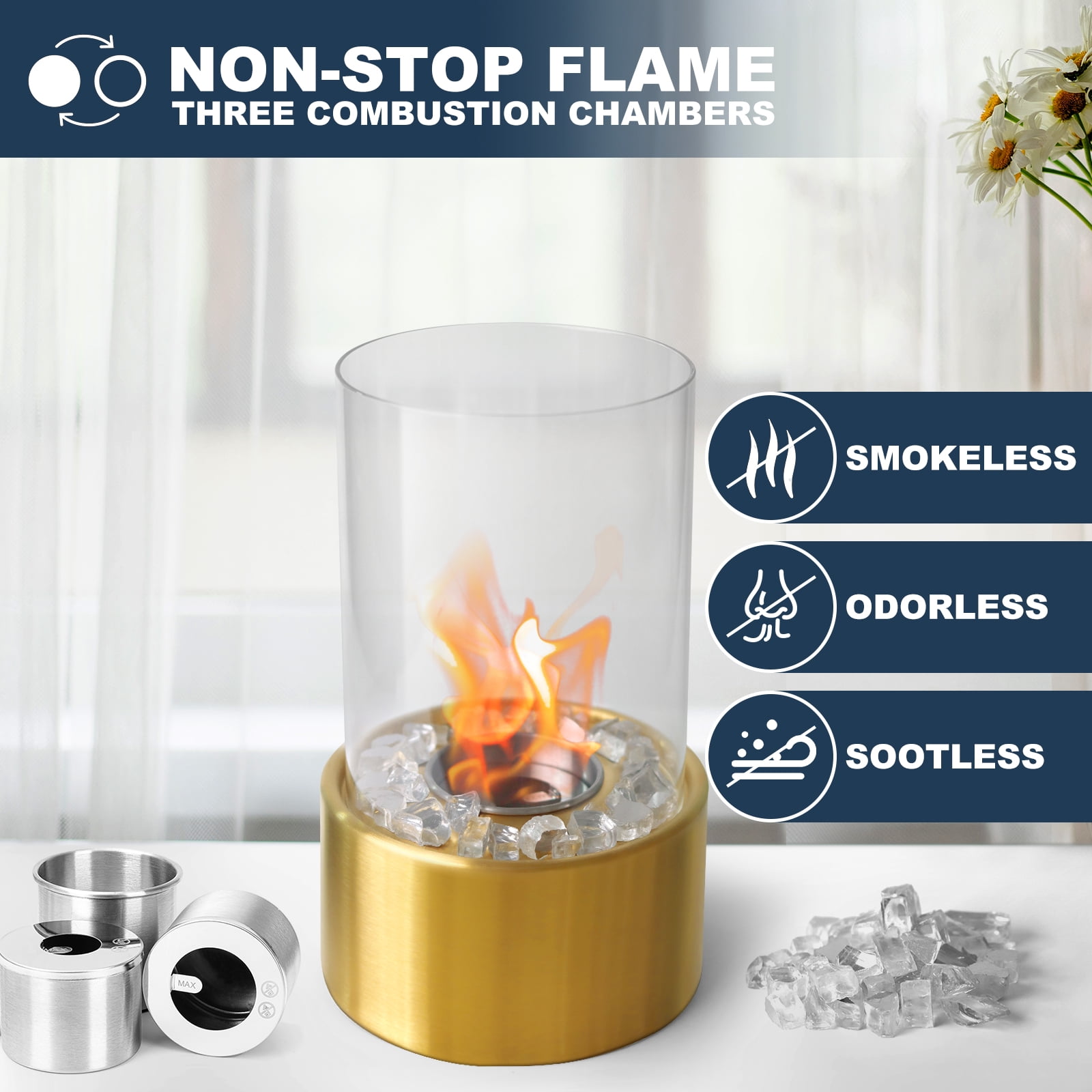 Tabletop Fire Pit-Safer Burning with Windproof Borosilicate Glass Metal Round Fireplace,Home Decor, Gift for Houswarmings, Parties and Weddings-Gold