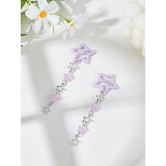 1set 2pcs Star Alloy & Acrylic & Iron Snap Hair Clips Tassel Hair Accessories for Women Lilac 109mm