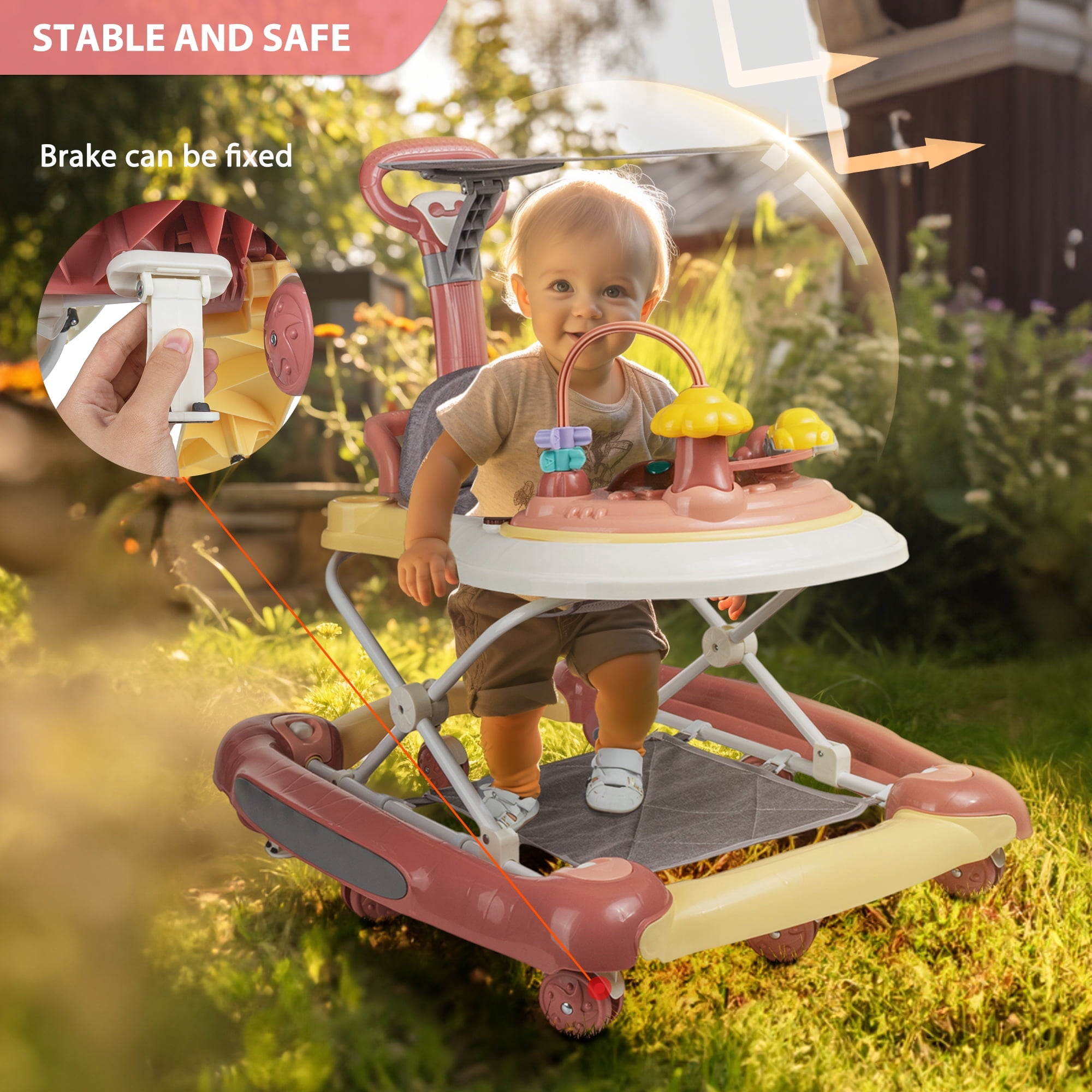 JieC 5-in-1 Baby Walker with Wheels,Infant Toddler Walkers Bouncer for Boys Girls,Pink