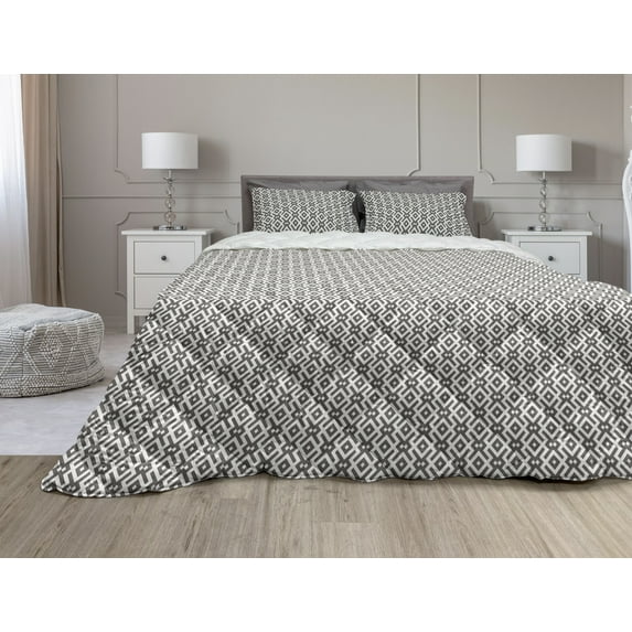 Modern Comforter & Sham Bedding Set, Geometric Design with Borders Stripes Lines Art, 3 pcs Duvet Set Microfiber Filling Quilt, 5 Sizes, Dark Taupe and White, by Ambesonne