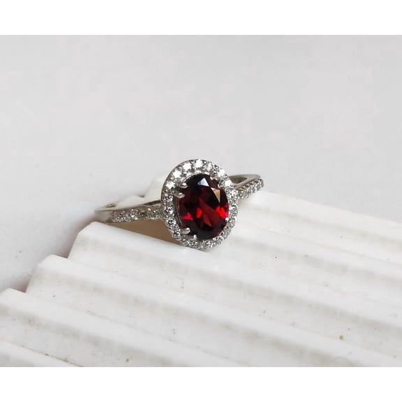 Garnet ring, cushion cut engagement ring, sterling silver, January birthstone, natural garnet