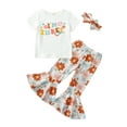 thumbnail image 2 of Toddler Baby Girl 4th Birthday Outfit 18M 2Y 3Y 4Y 5Y 6Y Four Ever Groovy Short Sleeve Shirts Floral Bell Bottom Pant Headband, 2 of 10