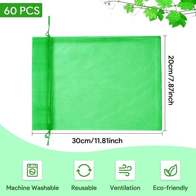 Bolsa protectora para frutas, 60 unidades (verde), bolsa protectora para uvas, 20 x 30 cm, bolsa de organza para jardín con cordón contra avispas, drosófilas, escarabajos y pájaros