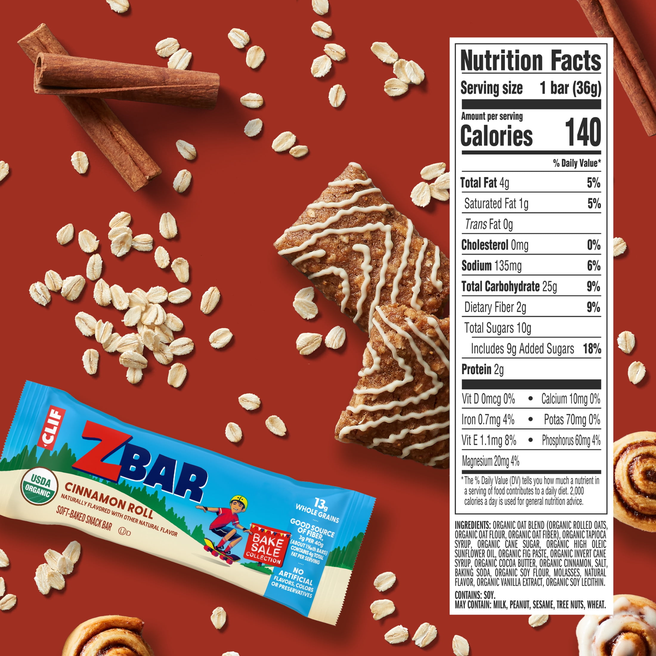 (6 pack) Zbar Bake Sale Cinnamon Roll Flavor Soft Baked Snack Bars, Organic Granola Bars, School Snacks, 12ct