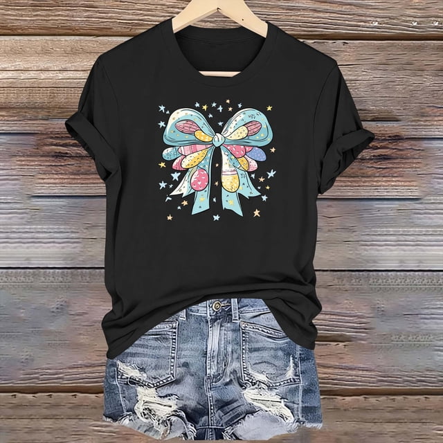 Haivin Easter Shirts for Women Happy Easter Bunny Printed Short Sleeve Tee Funny Blowing Bubbles Rabbit Casual Top