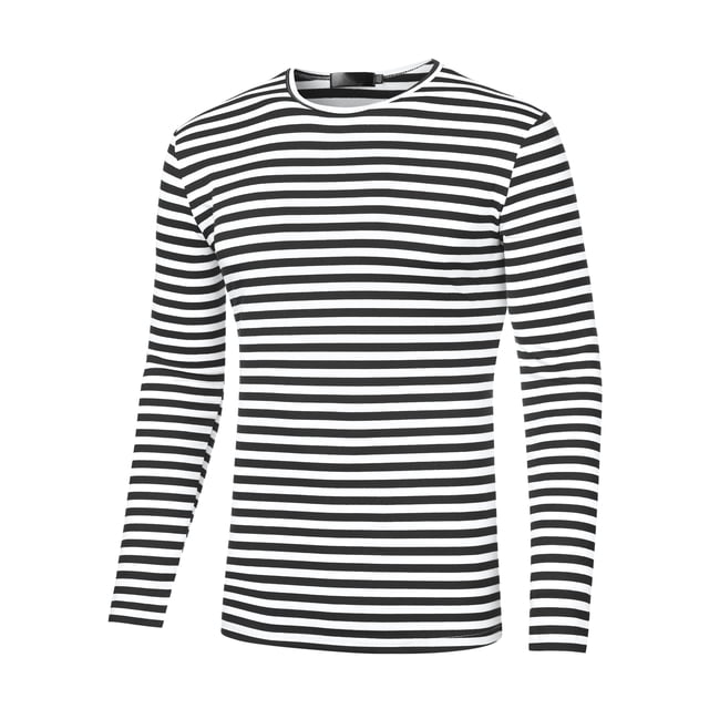 Camiseta a rayas para hombre, manga larga, cuello redondo, camiseta básica a rayas Negro M