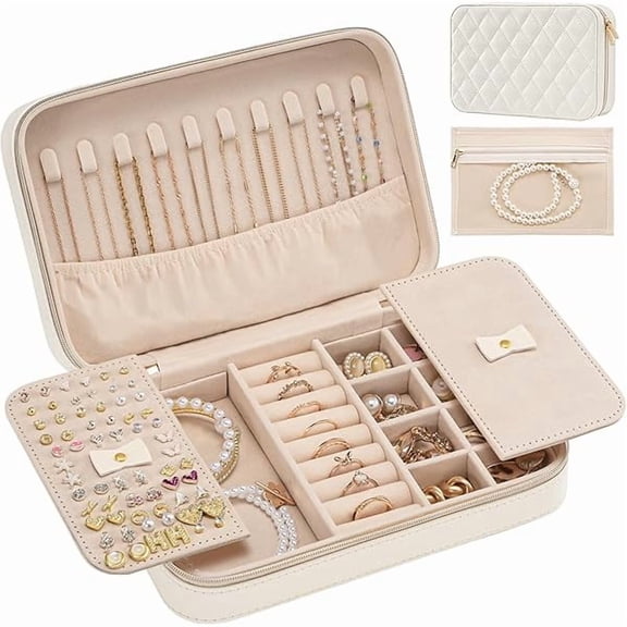 ZLC Travel Jewelry Case for Women, Travel Jewelry Organizer Box with Mirror & Clear Storage Bag, Small Portable Traveling Earring Necklace Bracelet Ring Case, Bridesmaid Gifts -Medium, White