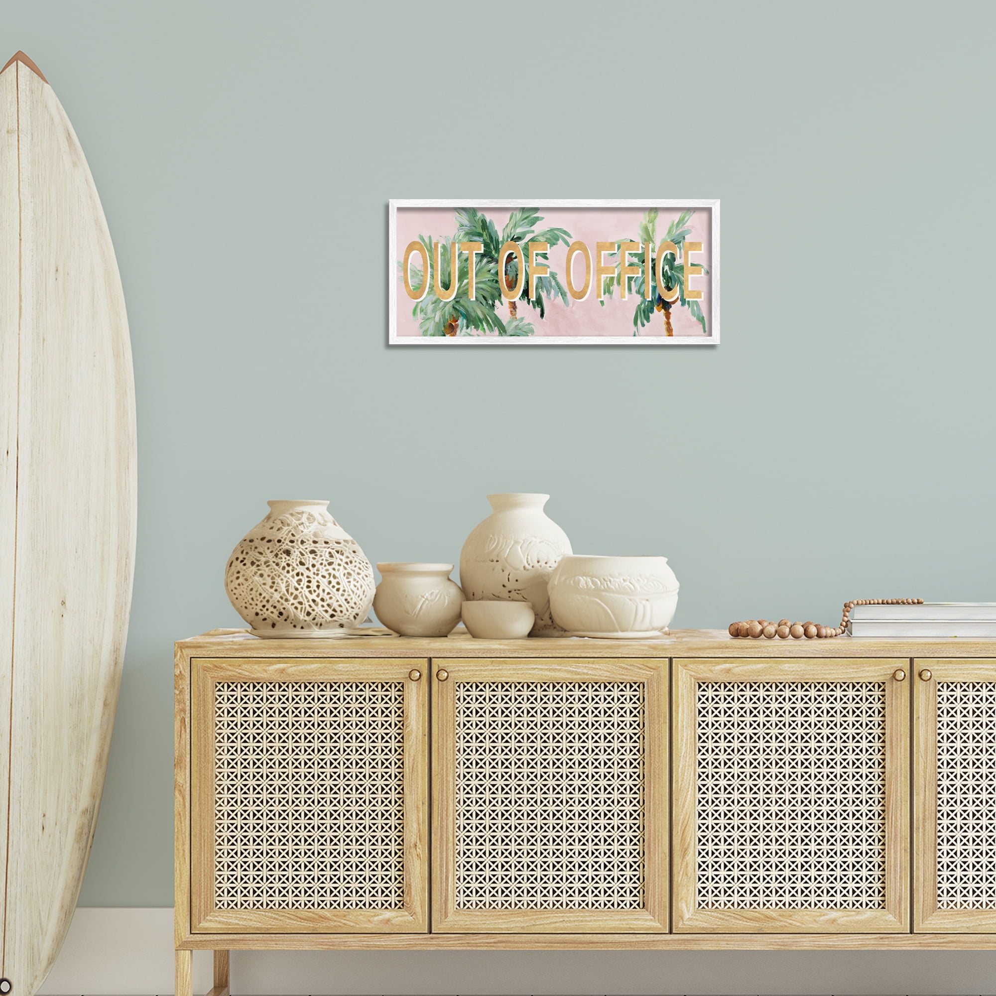 Stupell Industries Out Of Office Palms Typography Painting White Framed Art Print Wall Art, 24 x 10