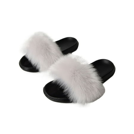 

Kesitin Ladies Comfortable Open Toe Slide Sandal Indoor Outdoor Casual Slip On Plush Slipper Light Grey 9.5-10