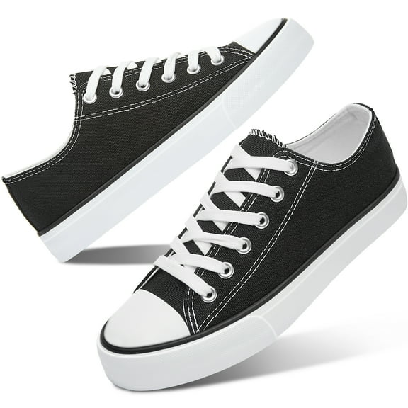 AOMAIS Womens Canvas Fashion Sneakers Classic Low Top Fabric Shoes Casual Walking Canvas Flats Cute Lace Up Tennis Shoes for Lady(Black US9)