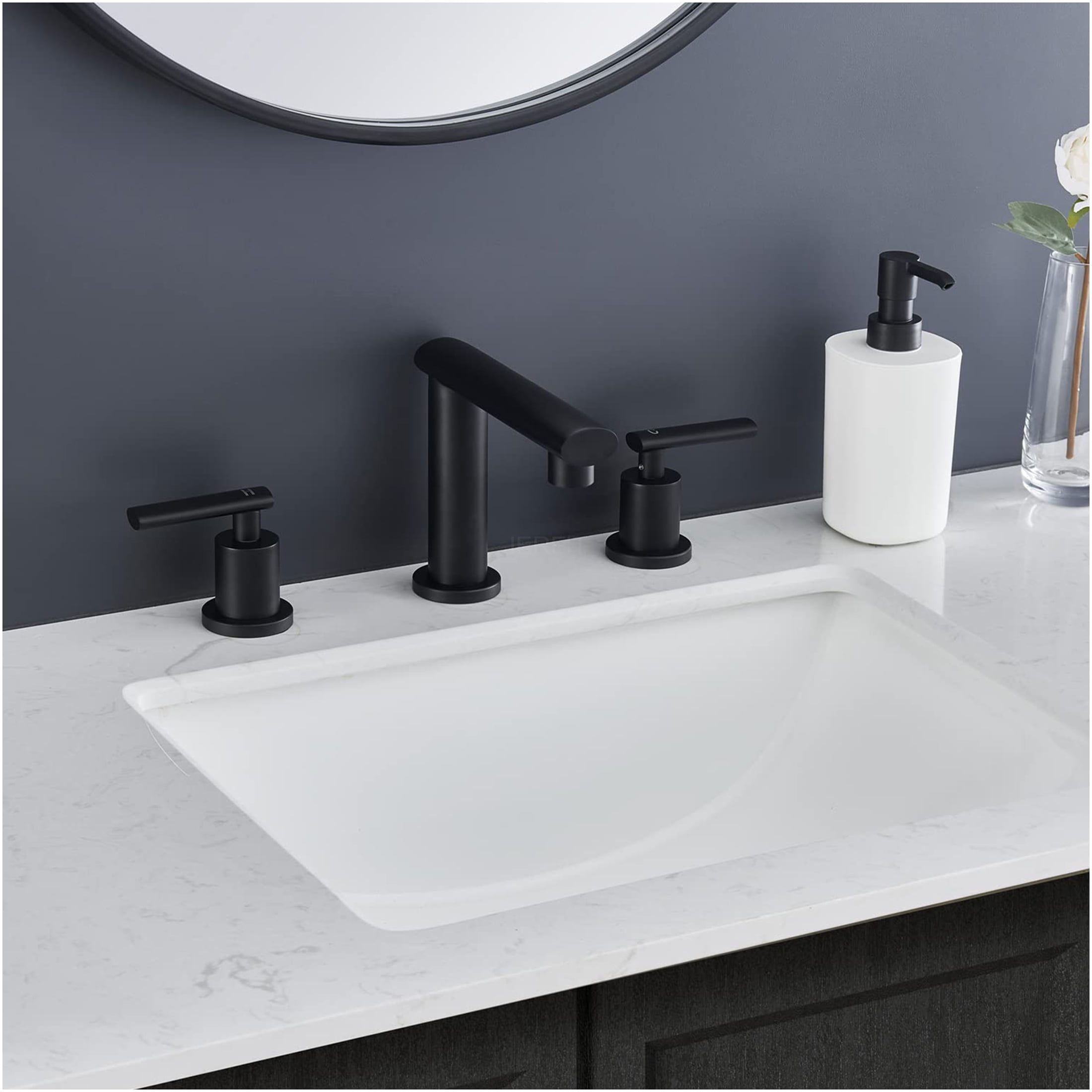 JERFIT 8-inch Widespread Bathroom Faucet Matte Black, 2-Handle Modern Waterfall Vanity Sink Faucet with Pop-Up Drain & Lead-Free Hoses