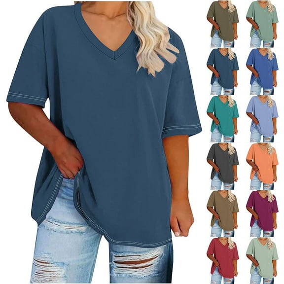 Otvok Women's Oversized V-neck Short Sleeve Summer Base Shirt Sports T-shirt Trendy Loose Workout Tee