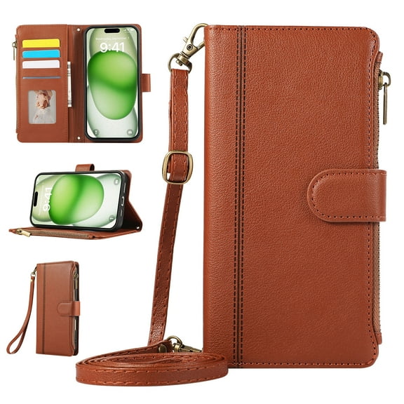 Zipper Wallet Cover for iPhone XS/X, Case with Crossbody Strap & Wrist Strap Card Holder Folding Stand Premium PU Leather Folio Flip Phone Case for Women for iPhone XS/X, Brown