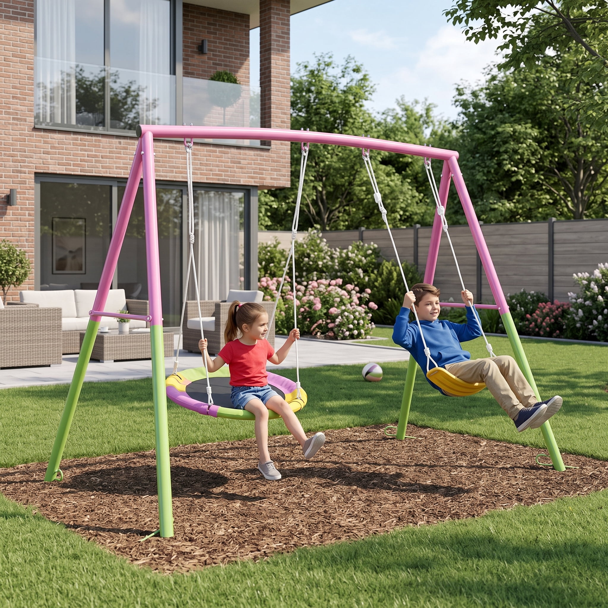330lbs Heavy-Duty A-Frame Swing Set, Outdoor Metal Swing Stand with 32" Saucer Swing and Belt Swing Seat for Backyard Garden Patio