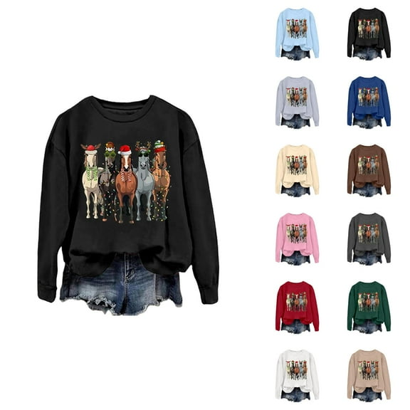 Christmas Horse Sweatshirts for Women 2025 Long Sleeve Crewneck Horses Graphic Sweatshirt for Horse Lovers Pullover Tops