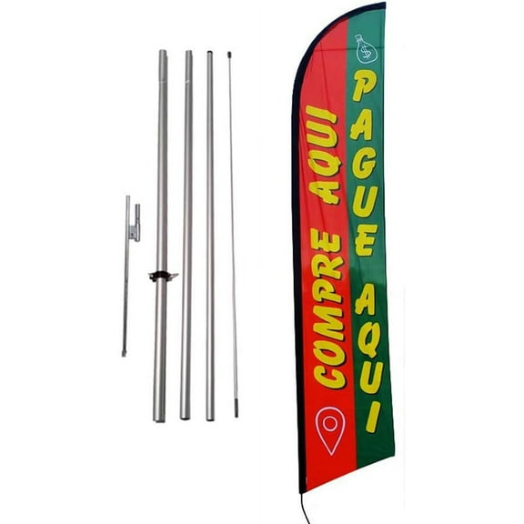 15ft Compre Aqui Pague Aqui Feather Flag Set, Includes Flag Pole and Ground Stake