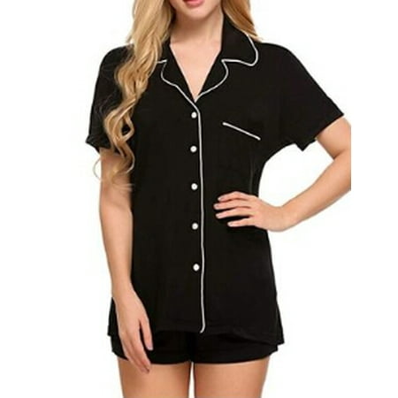 

Women s Polka Dot Striped Button Short Sleeve Shirt Shorts Pajamas Set Summer Sleepwear 2 Piece