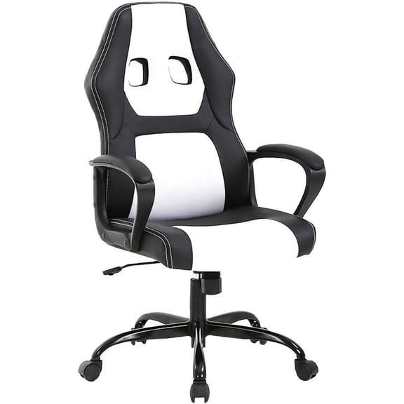 BestOffice Adult PU Leather and Mesh Racing Gaming Chair with Swivel and Lumbar Support, White