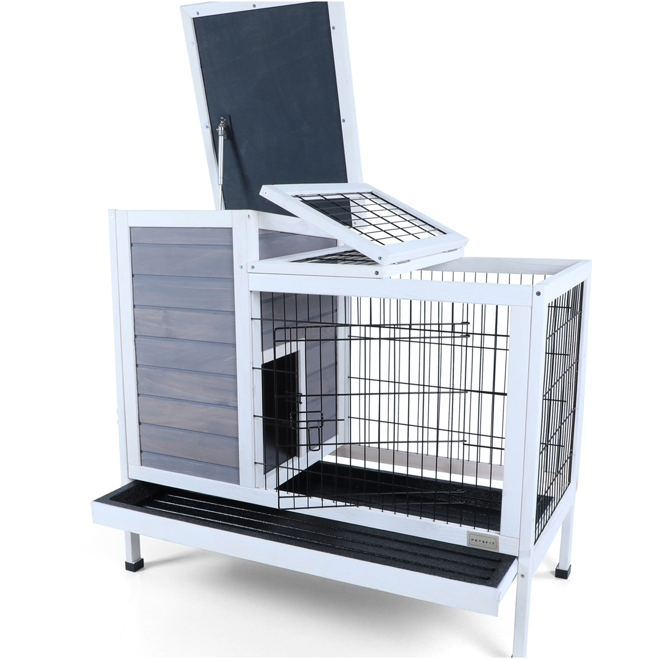 JERFIT 2-Story Outdoor Rabbit Hutch with Waterproof Roof & Leak-Proof Tray, Spacious Wooden Cage for Rabbits, Guinea Pigs, Ferrets, Grey