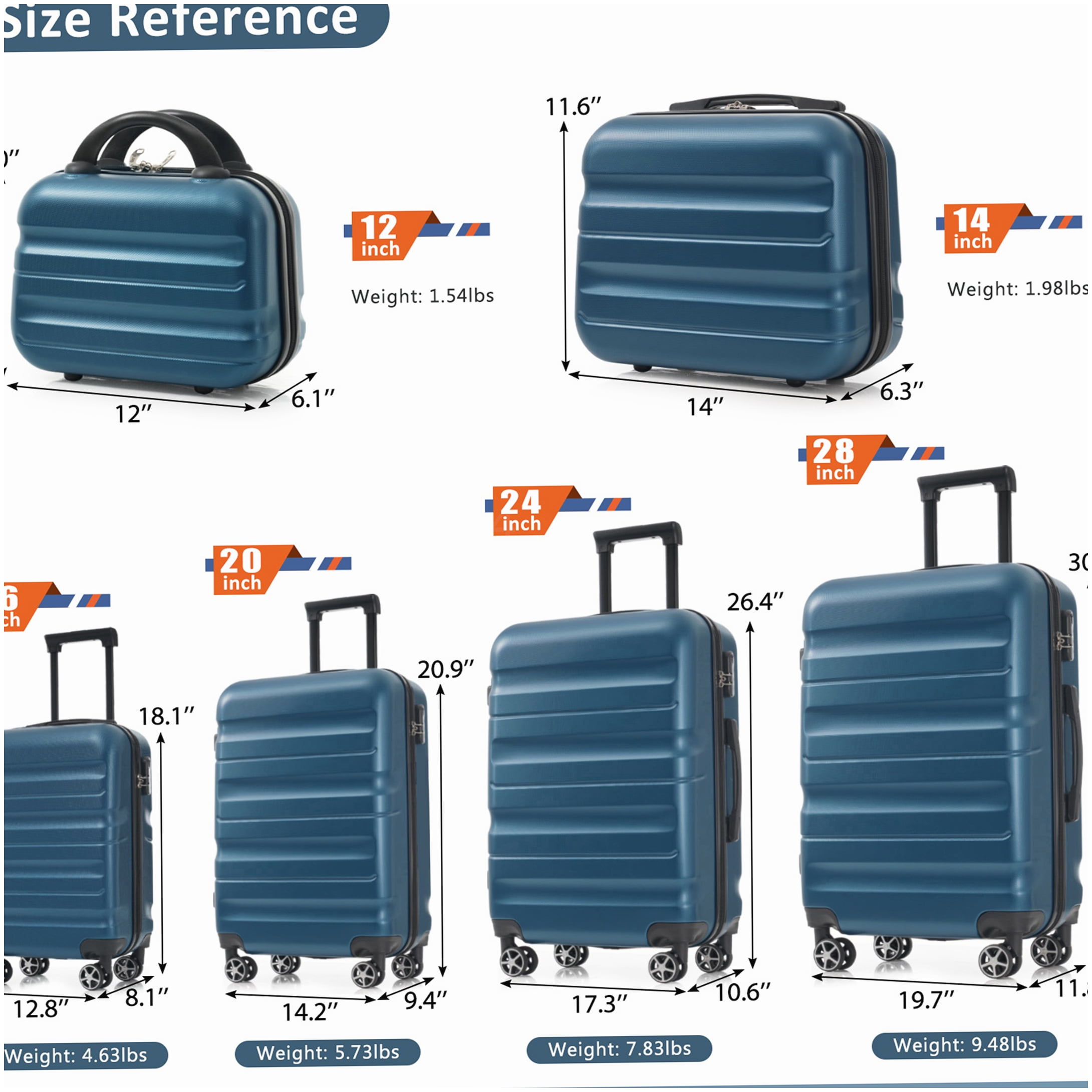 Lightweight ABS 6-Piece Hardshell Luggage Set with Spinner Wheels, Inky Blue Suitcases for Carry-On and Checked Use