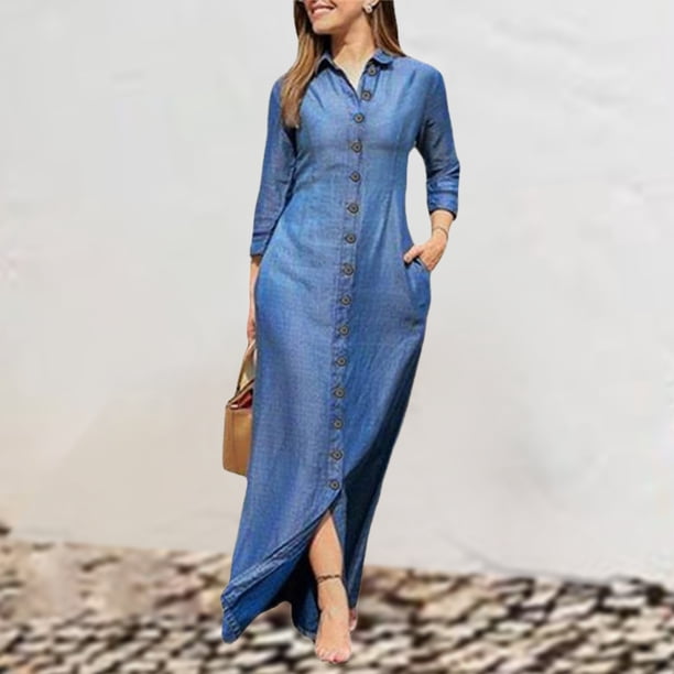 Vestido Vestido largo informal para mujer, holgado, con cuello vuelto, vestido clásico, traje de calle Cgtredaw Azul claro T 26 para Mujer