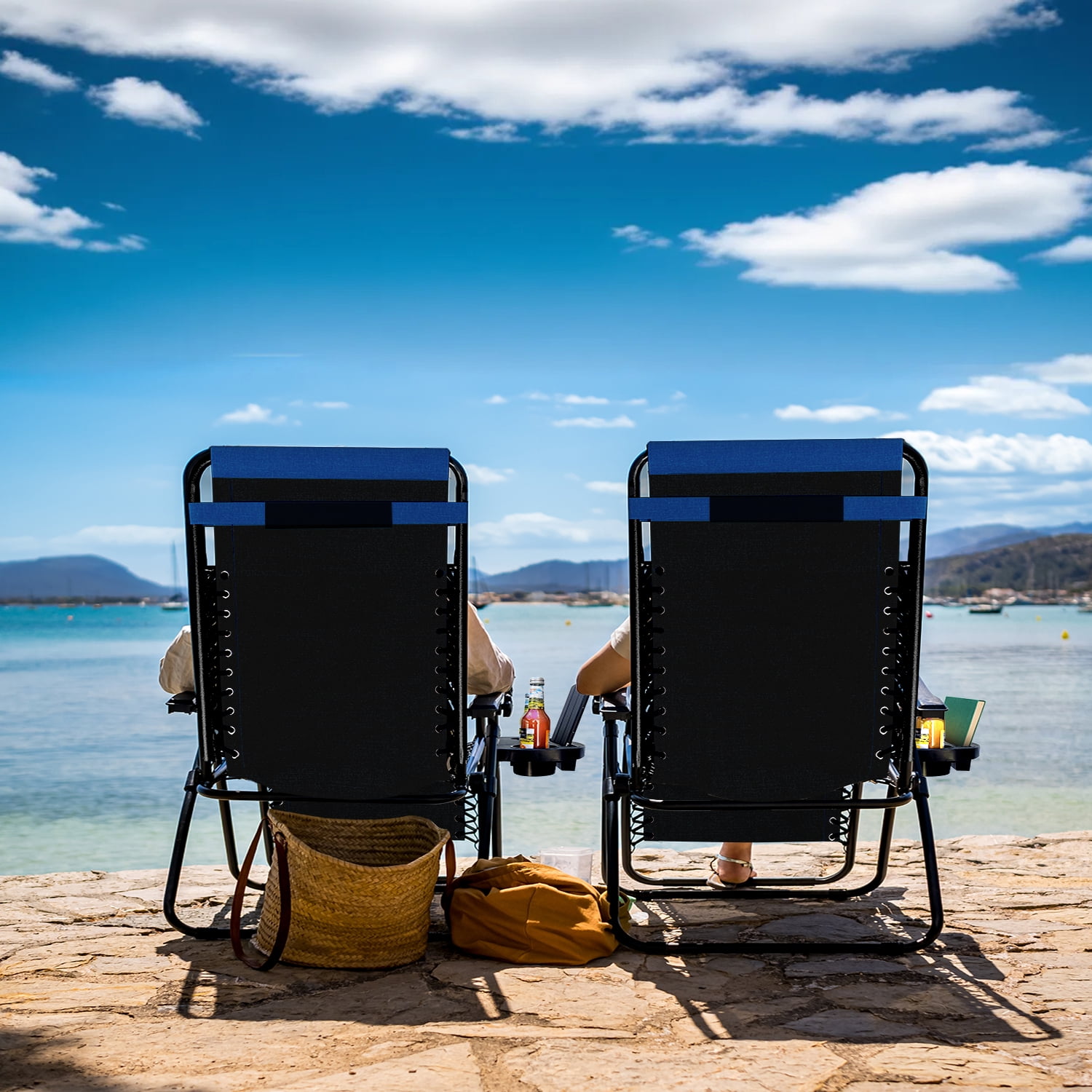 LammaLoe Padded Zero Gravity Chair Oversize, Lounge Chair Outdoor, with Adjustable Headrest and Side Tray, 330 lbs Capacity – Black/Blue