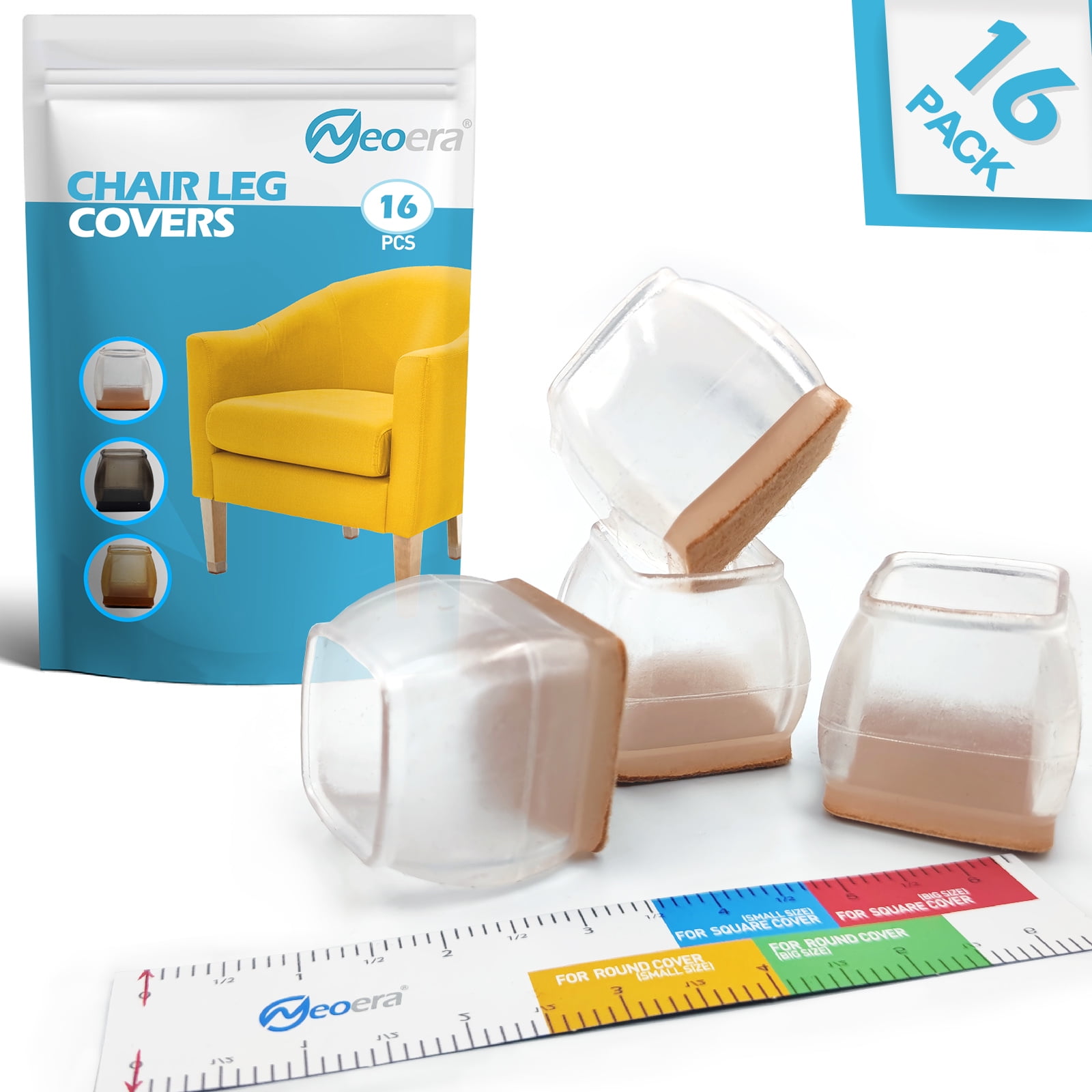 Neoera Chair Leg Covers to Protect Floors Square Large Clear 16 Pcs with Felt Transparency Silicone furniture legs Protector Pads Stool Leg caps to Prevent Hardwood Floor Scratches and Reduce Noise