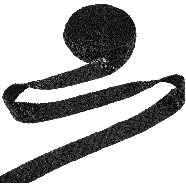 Cinta de poliéster con lentejuelas de 12,5 yardas (11,4 m), color negro plano, de 35 mm (1,37 pulgadas) de ancho, con purpurina.