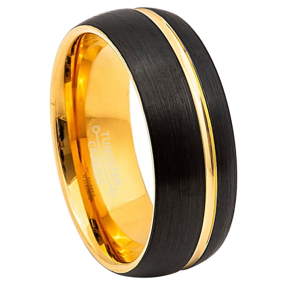 Jewelry Avalanche 8mm 2-Tone Yellow Gold & Black Tungsten Wedding Band, Off Center Groove Brushed Finish Ring size 10